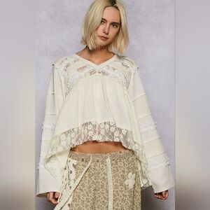 #786 POL A-Line Top In Double Gauze With Lace Detail